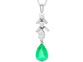 Vintage 2.80ct Pear Cut Emerald and 1.04ct Diamond, Platinum Pendant