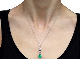 Vintage Pear Cut Emerald Pendant with Diamonds wearing