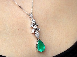 Vintage Pear Cut Emerald Pendant with Diamonds wearing