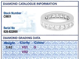 Princess Cut Diamond Eternity Ring in White Gold Grading Card