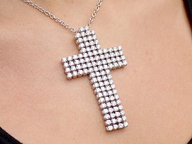 Large Diamond Cross Necklace in White Gold wearing