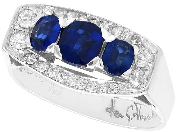 Three Stone Cushion Cut Sapphire Ring with Diamonds