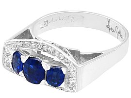 Three Stone Cushion Cut Sapphire Ring with Diamonds