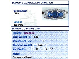 Three Stone Cushion Cut Sapphire Ring with Diamonds grading card