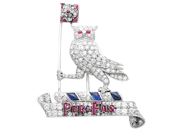 Diamond Owl Brooch in Platinum with Rubies and Sapphires