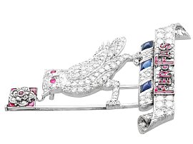 Diamond Owl Brooch in Platinum with Rubies and Sapphires