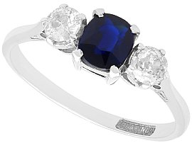 0.83ct Cushion Cut Sapphire and 0.52ct Diamond, Platinum Trilogy Ring