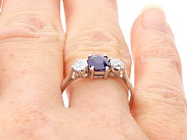 Cushion Cut Sapphire Trilogy Ring wearing