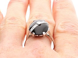 Antique Black Onyx and Diamond Ring in White Gold wearing