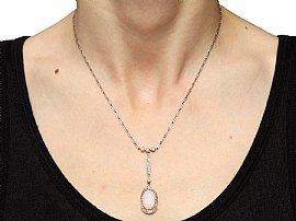 1920s Opal Drop Pendant with Diamonds wearing