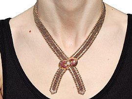 Vintage Gold Necklace with Rubies on neck