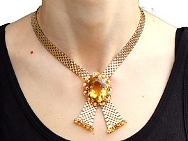 Large Citrine Necklace in Gold on neck