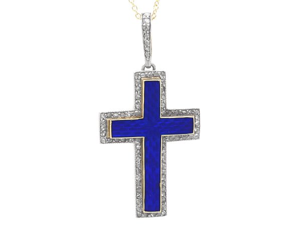 Blue Enamel Cross Pendant with Diamonds