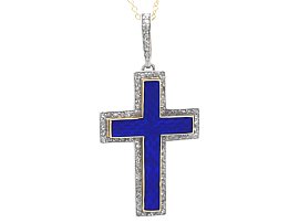 Antique Blue Enamel and Diamond Cross Pendant in 15ct Yellow Gold