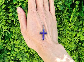 Blue Enamel Cross Pendant with Diamonds