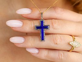 Blue Enamel Cross Pendant with Diamonds