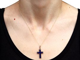 Blue Enamel Cross Pendant with Diamonds