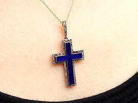 Blue Enamel Cross Pendant with Diamonds