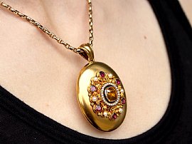 Gemstone Victorian Locket in Gold on neck