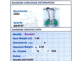 Pear Cut Emerald and Diamond Drop Earrings grading card