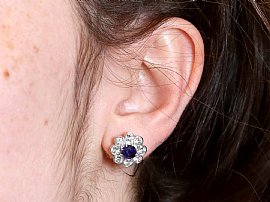 Blue Sapphire and Diamond Cluster Earrings wearing