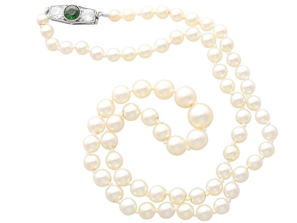 Pearl Strand Necklace with Green Sapphire Clasp for Sale