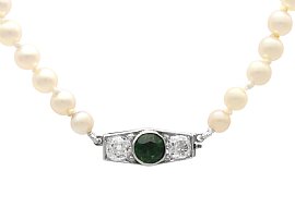 Pearl Strand Necklace with Green Sapphire Clasp