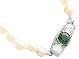 Pearl Strand Necklace with Green Sapphire Clasp