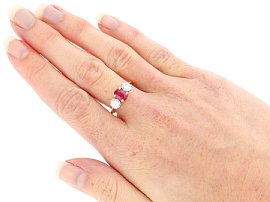 Wearing Ruby and Diamond Trilogy Ring in Yellow Gold