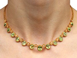 Gold Peridot Necklace with Pearls wearing