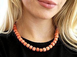 Vintage Coral Bead Necklace in Gold wearing