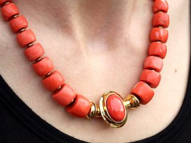 Vintage Coral Bead Necklace in Gold wearing