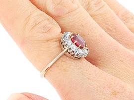 Gold Ruby and Diamond Cluster Ring On Hand