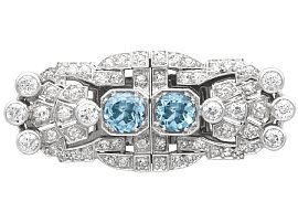 Antique 1.52ct Aquamarine and 2.92ct Diamond, 18ct White Gold Double Clip Brooch