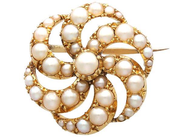 Pearl Swirl Brooch in Yellow Gold for Sale