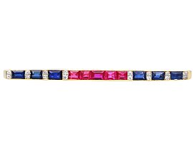 Edwardian 2.85ct Sapphire, 2.46ct Ruby and Diamond, 18ct Yellow Gold Bar Brooch