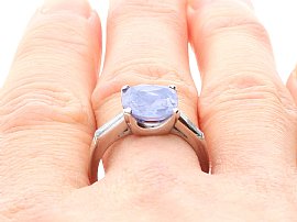 Cushion Cut Sapphire Engagement Ring Platinum wearing