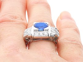 Antique Ceylon Sapphire and Diamond Ring on finger