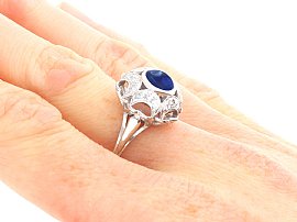 1920s Sapphire Ring with Diamonds on hand