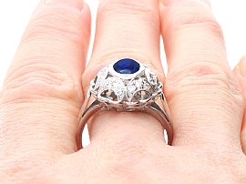 1920s Sapphire Ring with Diamonds on finger