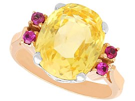 7.10ct Yellow Ceylon Sapphire, Ruby Ring in 9ct Rose Gold- Art Deco