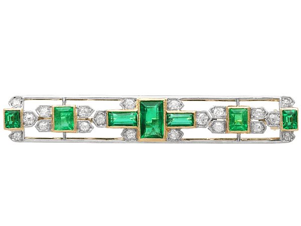 Edwardian Bar Brooch with Emeralds and Diamonds