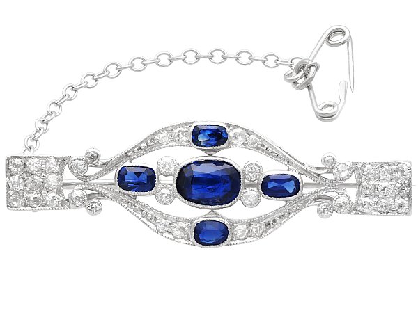 Platinum Sapphire and Diamond Brooch for Sale