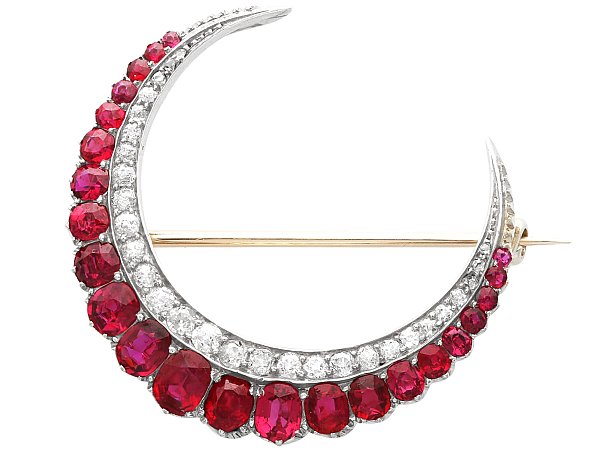 Victorian Thai Ruby and Diamond Crescent Brooch