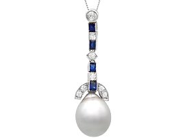 Cultured Pearl, Sapphire and Diamond, Platinum Pendant