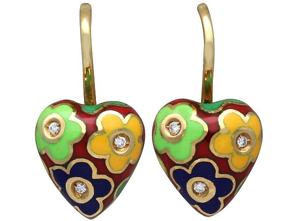 Floral Enamel and Diamond Heart Earrings