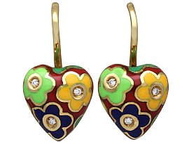 Floral Enamel and Diamond Heart Earrings