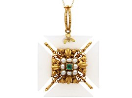 Antique Emerald, Agate, Pearl and 21ct Yellow Gold Pendant