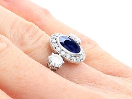 Antique Platinum Sapphire and Diamond Ring on hand