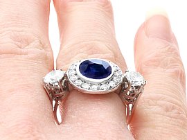 Antique Platinum Sapphire and Diamond Ring on finger